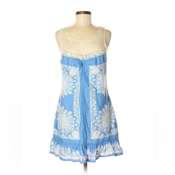 Vintage Free People Blue & White Lace Trim Embroidered Mini Shift Dress - Picture 3 of 16